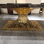 Molten Gold Pedestal Dining Table with Deep Red Burl Wood Top and Inlaid Motif